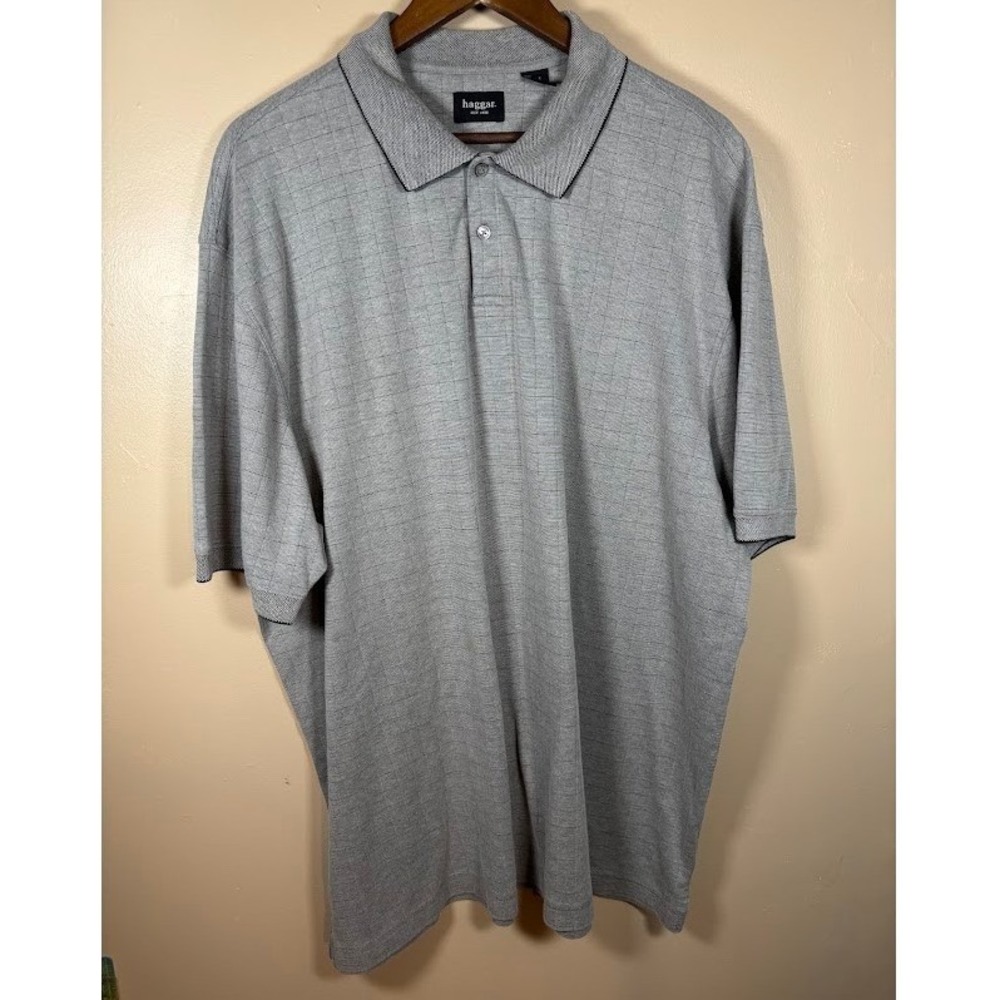 Haggar Mens 2XLT Grey Grid Short Sleeve Polo Shirt Tipped Collar Cotton Blend